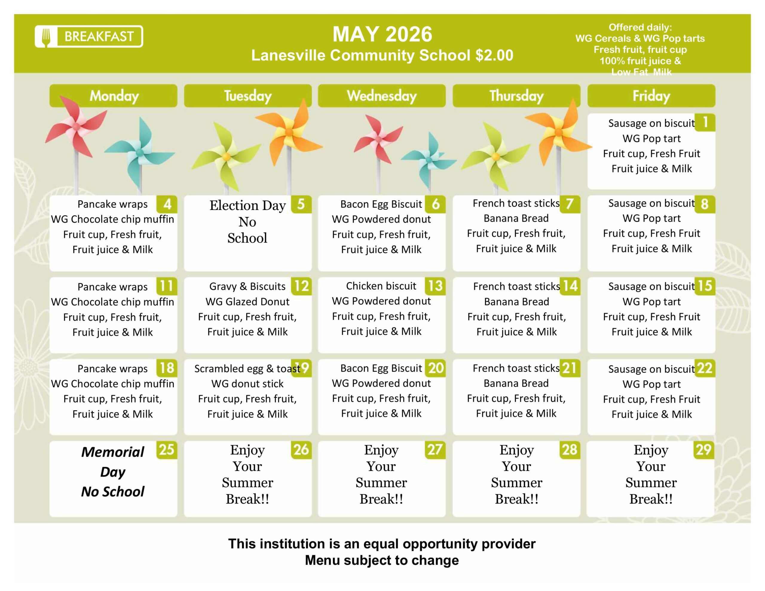 May 2026 school breakfast menu calendar showing weekdays Monday–Friday with daily meal items and a bottom note about the program.