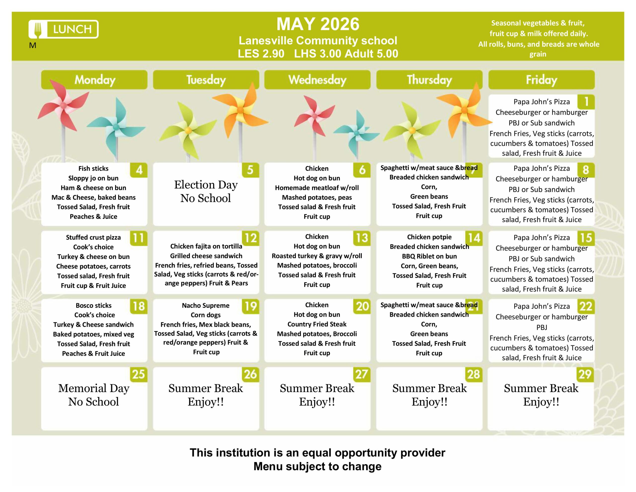 May 2026 school lunch menu calendar showing daily meals from Monday to Friday with rotating items across the week.