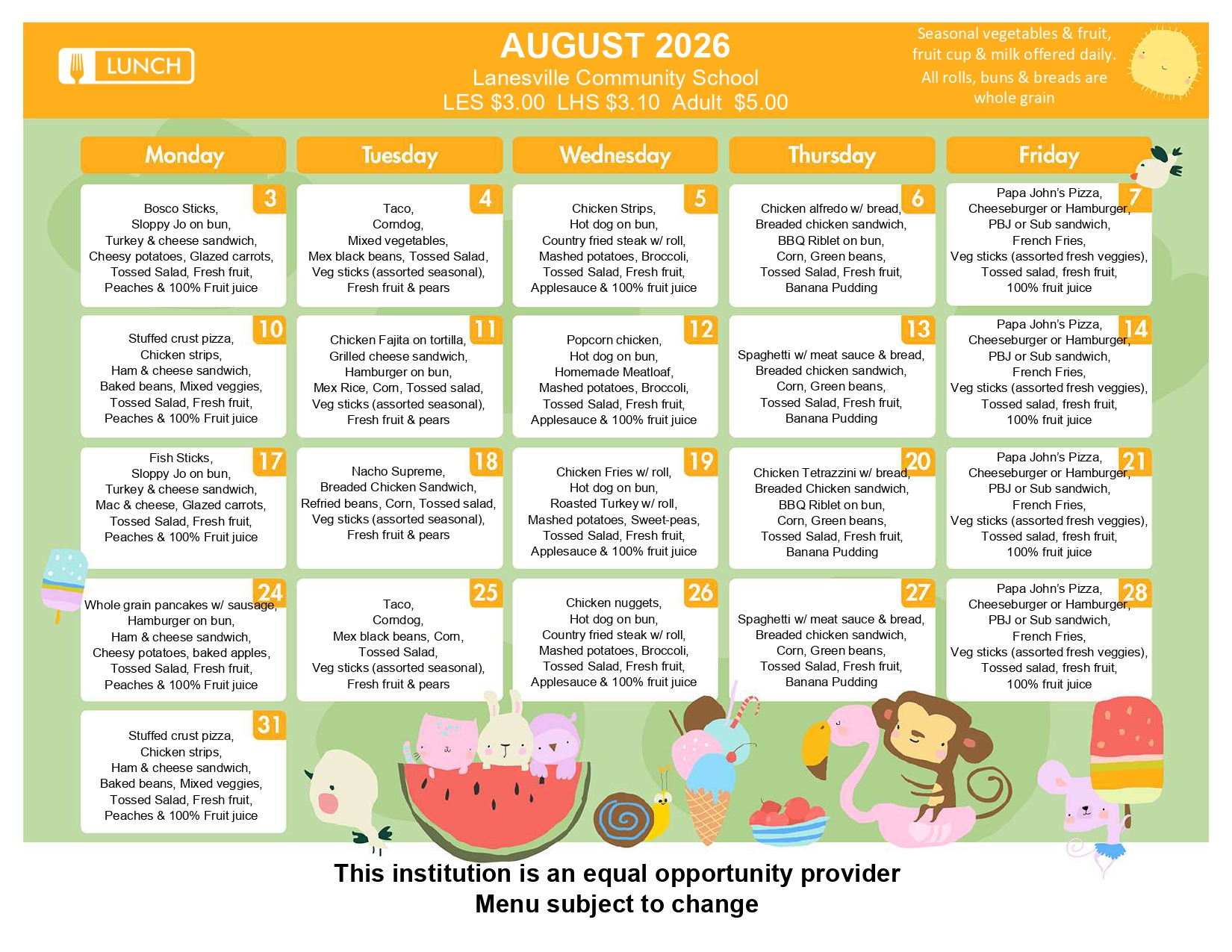 Colorful August 2026 school lunch calendar for Lanesville Community School, listing weekday meals (Monday–Friday) with daily menu items and fruit.