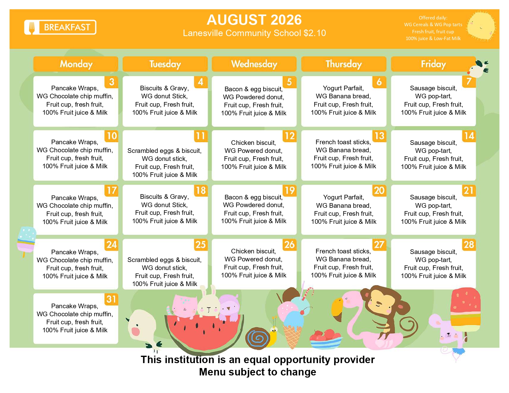 August 2026 school breakfast menu for Lanesville Community School; daily items shown in a grid with pancakes, biscuits, yogurt, etc.